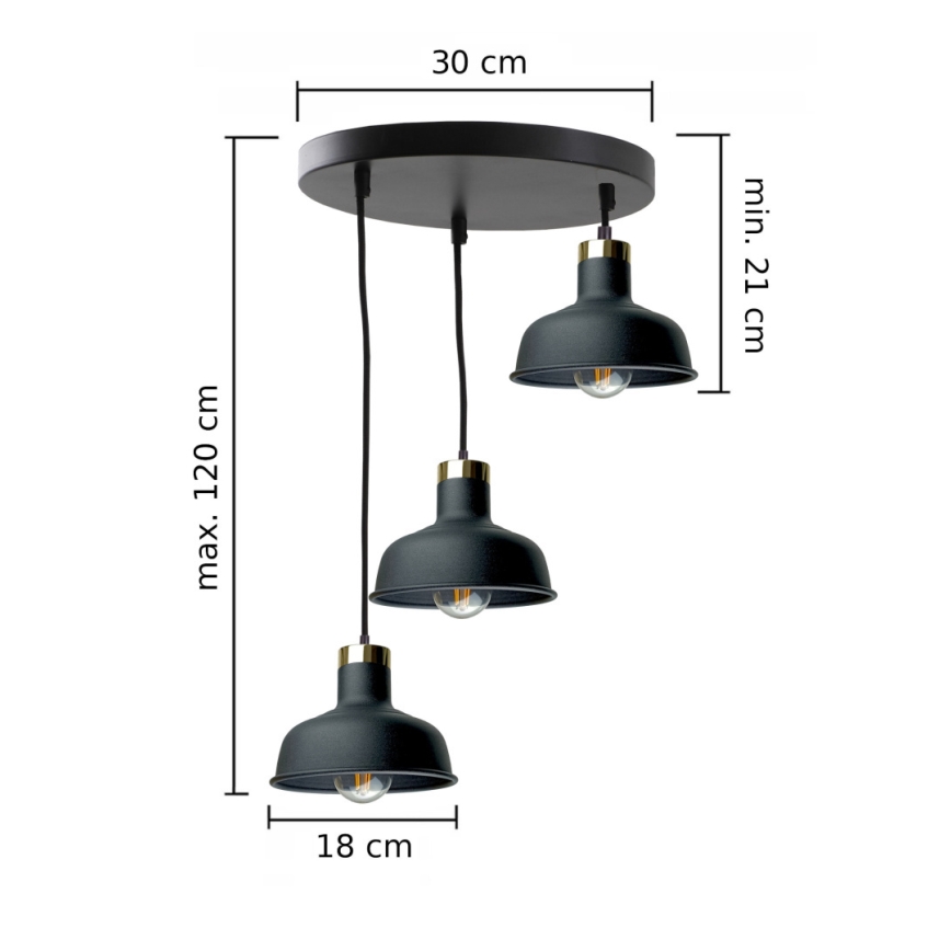 Csillár zsinóron HEBE 3xE27/60W/230V fekete