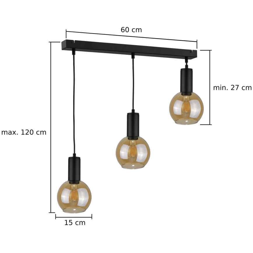 Csillár zsinóron JANTAR BLACK 3xE27/60W/230V