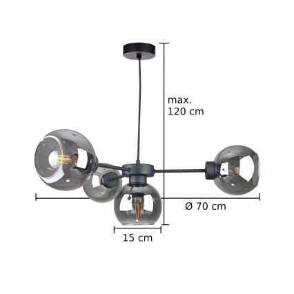 Csillár zsinóron KALIOPE 6xE27/60W/230V fekete/füstös fekete
