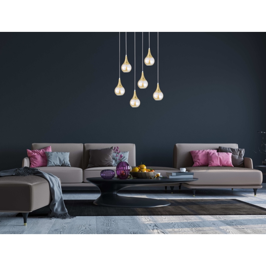 Csillár zsinóron LACRIMA HONEY 6xE27/60W/230V fehér/arany/füstös bézs