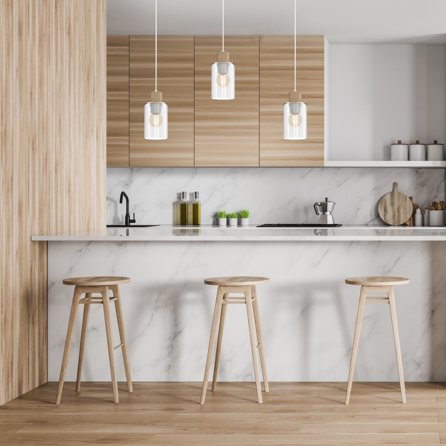 Csillár zsinóron MADERA 3xE27/60W/230V fehér/fa