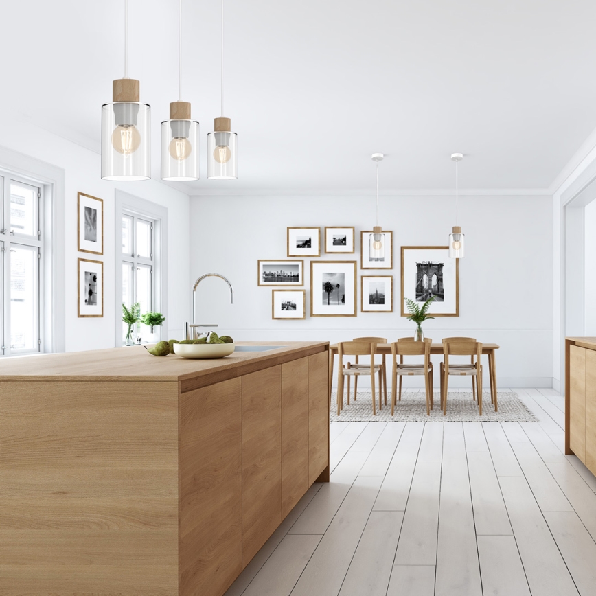 Csillár zsinóron MADERA 3xE27/60W/230V fehér/fa