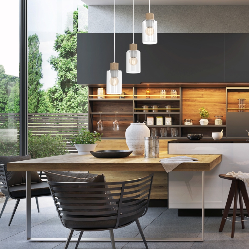 Csillár zsinóron MADERA 3xE27/60W/230V fehér/fa