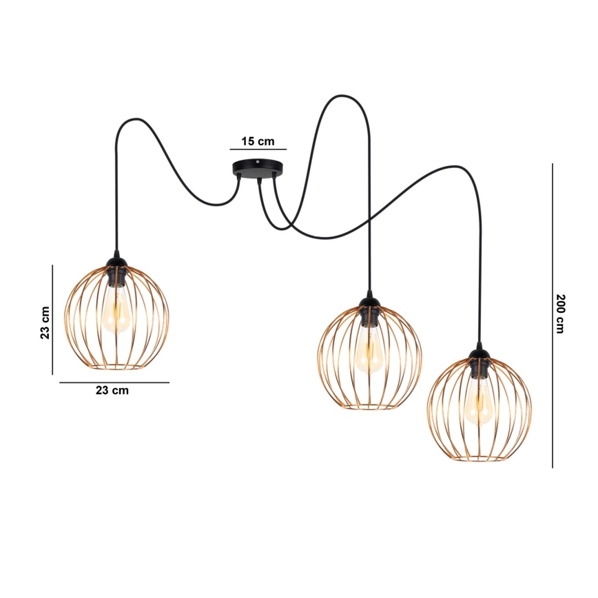 Csillár zsinóron MATT 3xE27/60W/230V pók fekete/réz