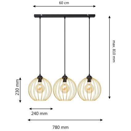 Csillár zsinóron MERCURE 3xE27/15W/230V arany/fekete