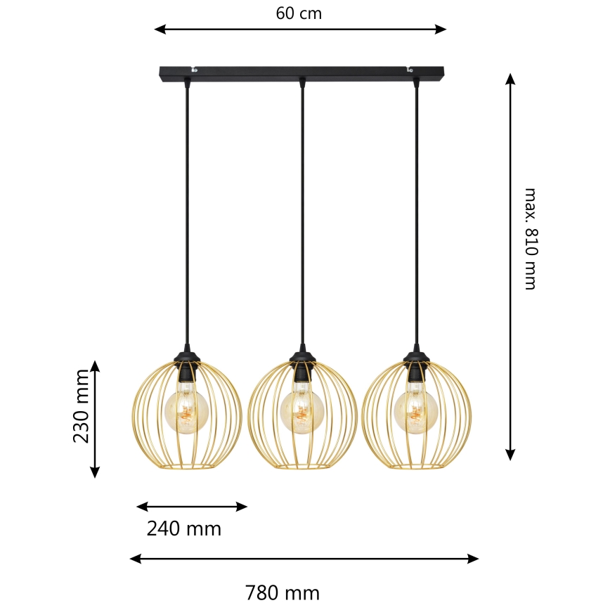 Csillár zsinóron MERCURE 3xE27/15W/230V arany/fekete