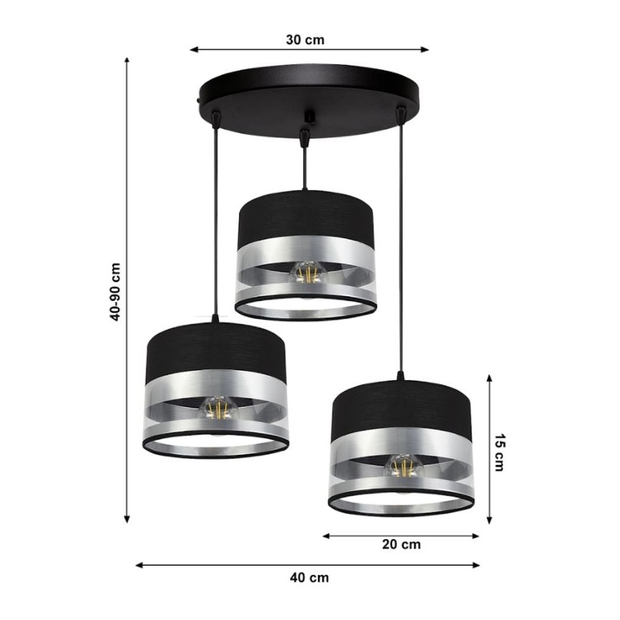 Csillár zsinóron MILO 3xE27/60W/230V ezüst/fekete