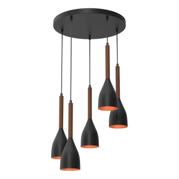 Csillár zsinóron MUZA 5xE27/15W/230V fekete/barna/réz/bükkfa