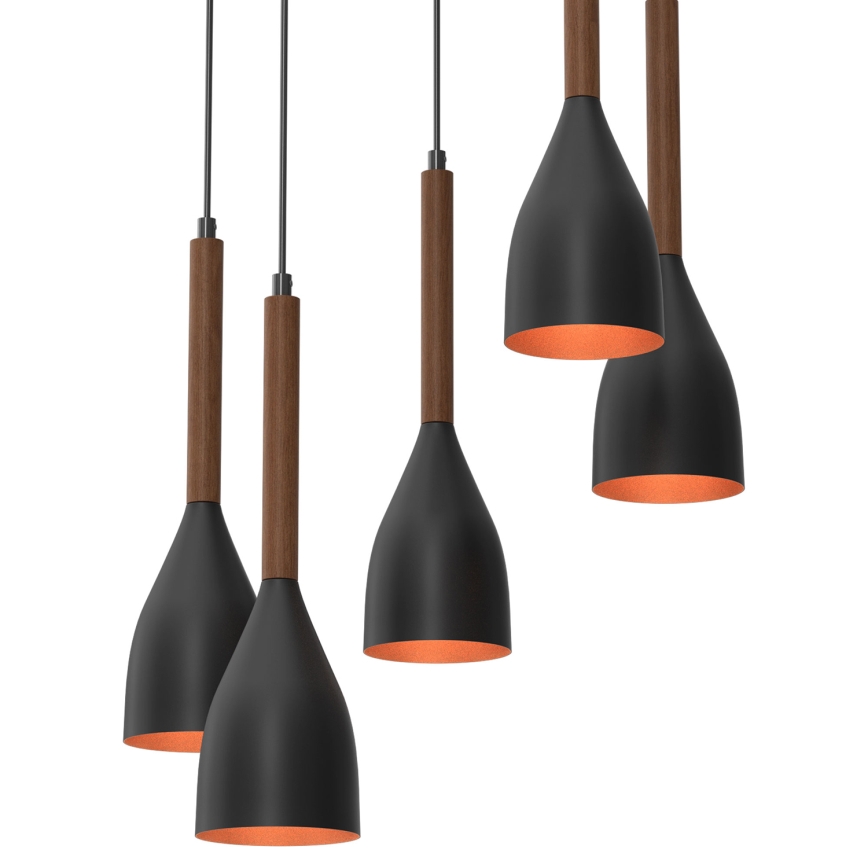 Csillár zsinóron MUZA 5xE27/15W/230V fekete/barna/réz/bükkfa