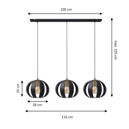 Csillár zsinóron NEWTON 3xE27/15W/230V fekete/arany