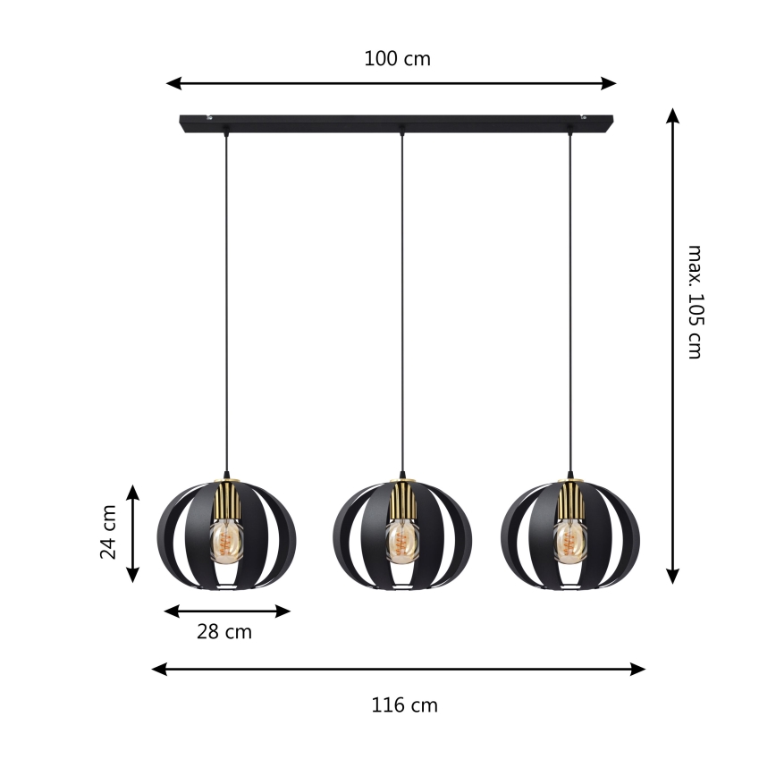 Csillár zsinóron NEWTON 3xE27/15W/230V fekete/arany