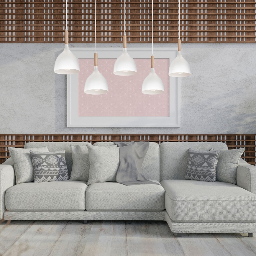 Csillár zsinóron NOAK 5xE27/15W/230V fehér/bükkfa