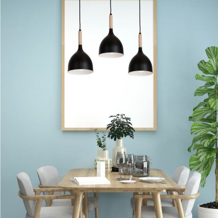 Csillár zsinóron NOAK WOOD 3xE27/15W/230V fekete/bükkfa