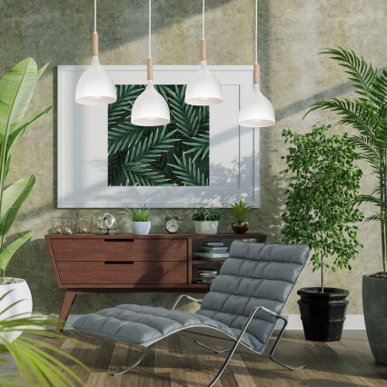 Csillár zsinóron NOAK WOOD 4xE27/15W/230V fehér/bükkfa