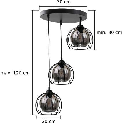 Csillár zsinóron SOLO BLACK 3xE27/60W/230V á. 30 cm