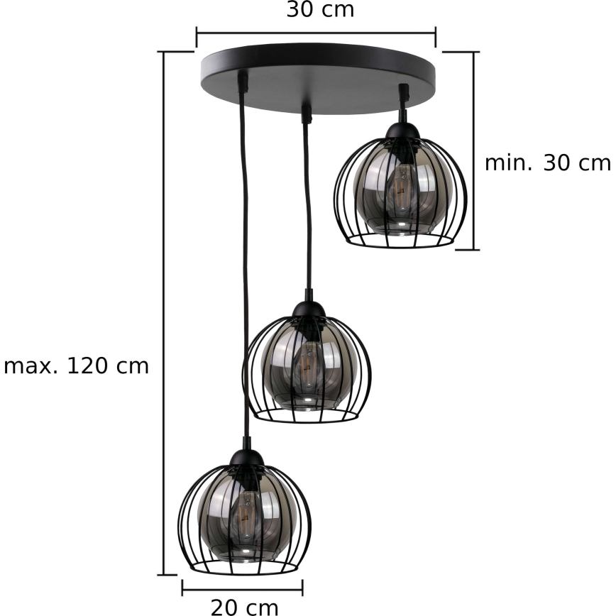 Csillár zsinóron SOLO BLACK 3xE27/60W/230V á. 30 cm