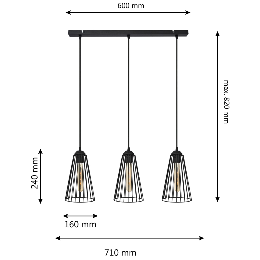 Csillár zsinóron TORRI 3xE27/15W/230V fekete