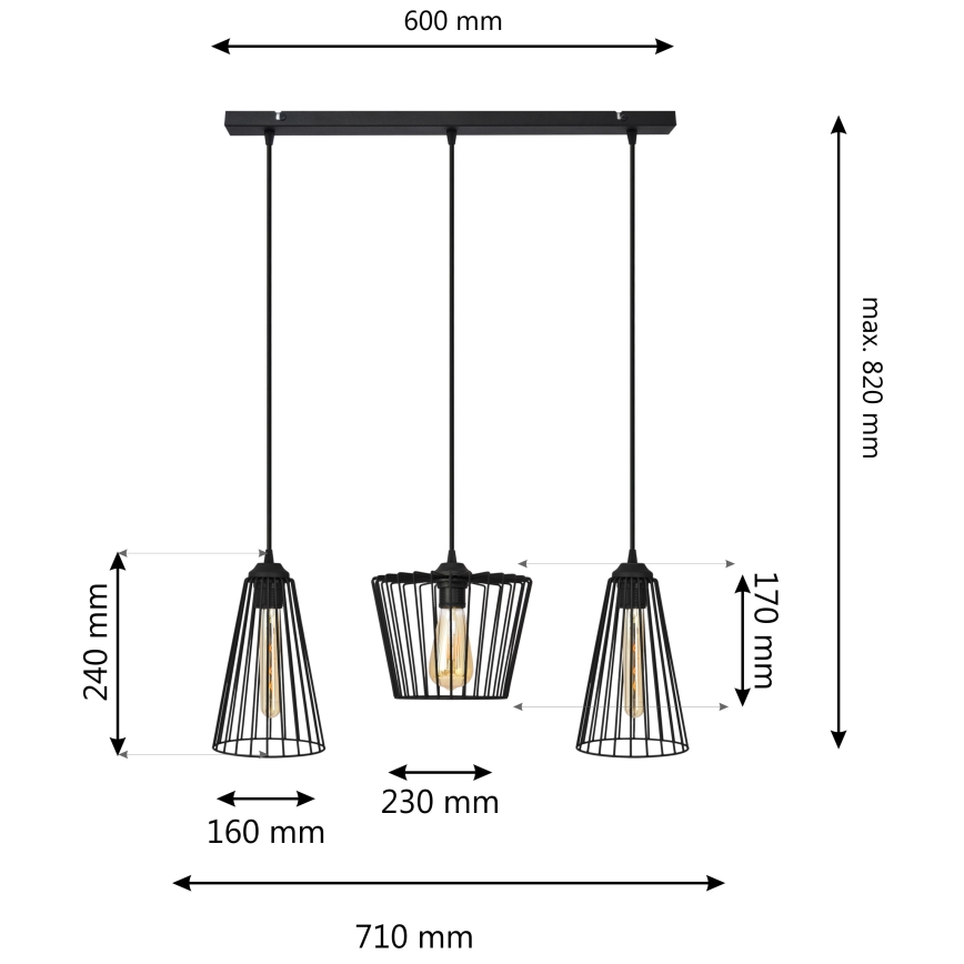 Csillár zsinóron TORRI 3xE27/15W/230V fekete