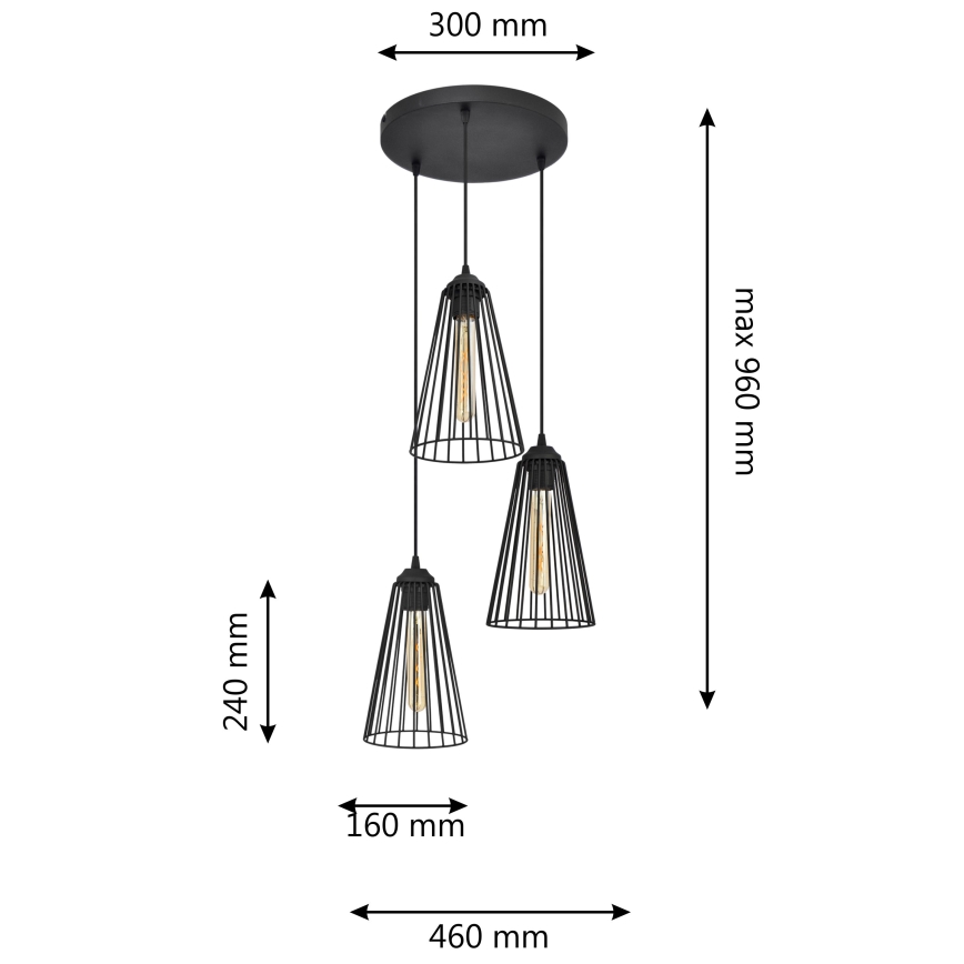 Csillár zsinóron TORRI 3xE27/15W/230V fekete