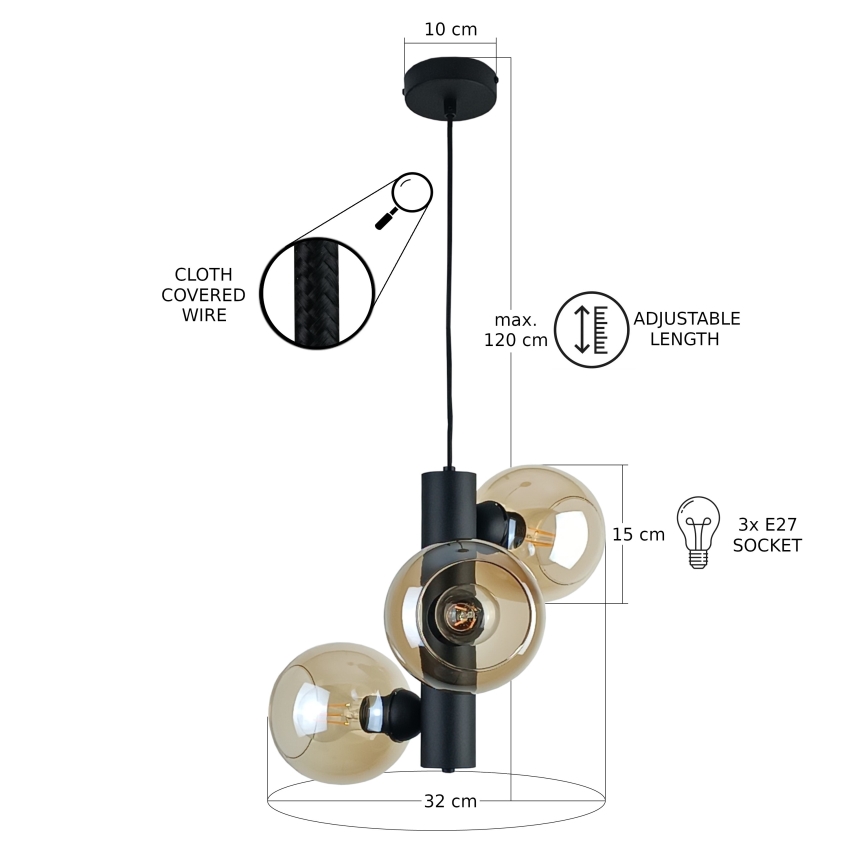 Csillár zsinóron TUBE 3xE27/60W/230V fekete/füstös bézs