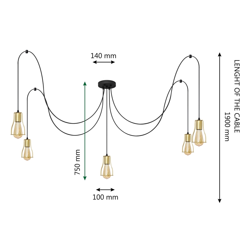 Csillár zsinóron TUBE 5xE27/15W/230V pók fekete/arany