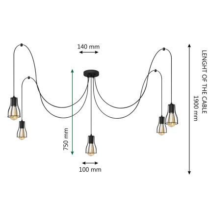 Csillár zsinóron TUBE 5xE27/15W/230V pók fekete