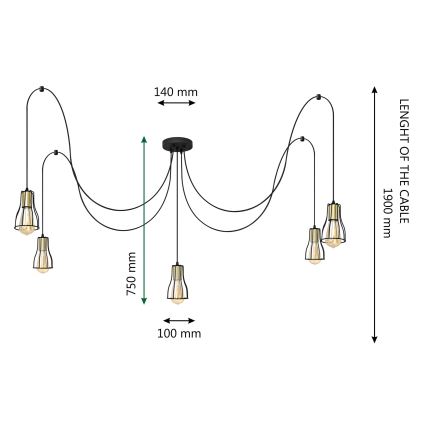 Csillár zsinóron TUBE 5xE27/15W/230V pók fekete/fényezett króm