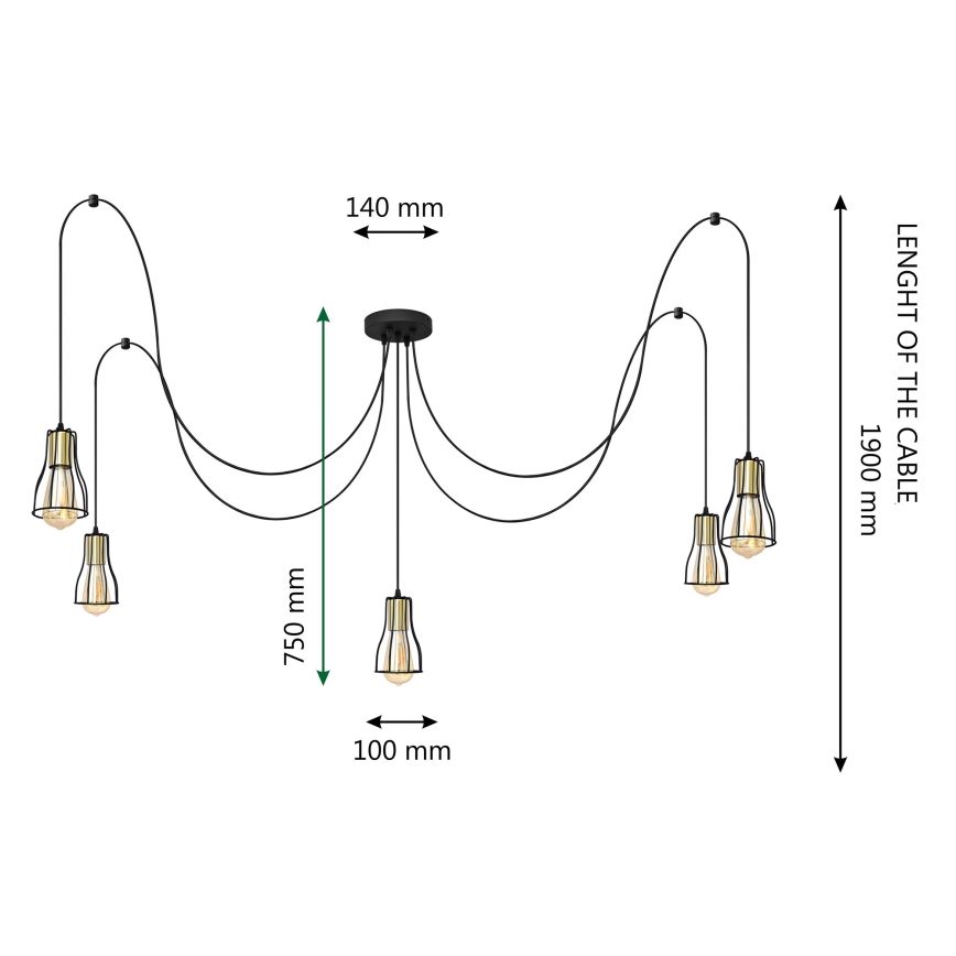 Csillár zsinóron TUBE 5xE27/15W/230V pók fekete/fényezett króm