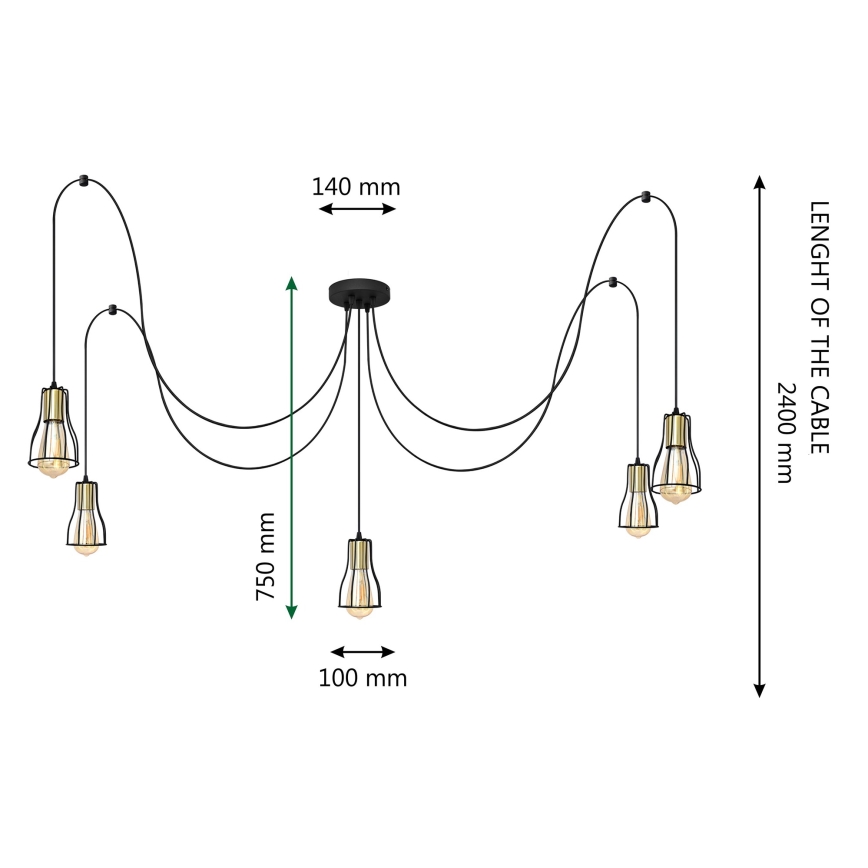 Csillár zsinóron TUBE LONG 5xE27/15W/230V fekete/arany