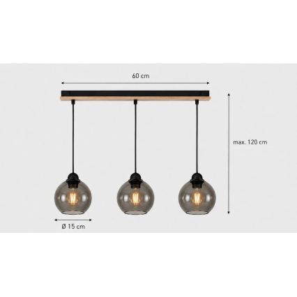 Csillár zsinóron UNO WOOD 3xE27/60W/230V fekete/barna