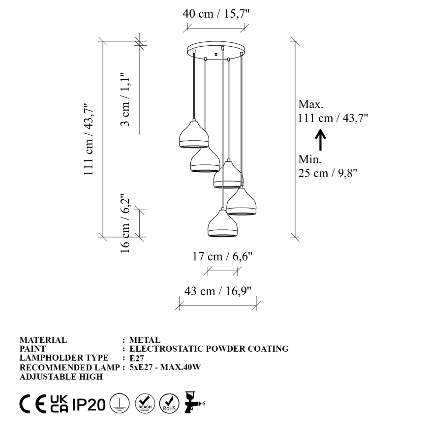 Csillár zsinóron YILDO 5xE27/40W/230V fehér/arany