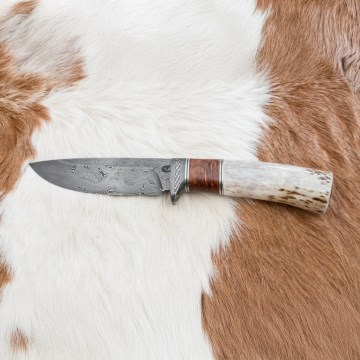 Damaszkuszi vadászkés 12 cm kőris/szarvas agancs