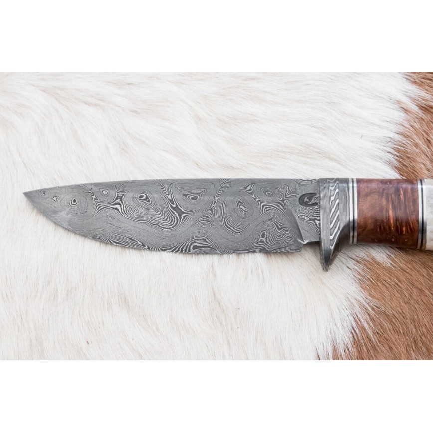 Damaszkuszi vadászkés 12 cm kőris/szarvas agancs