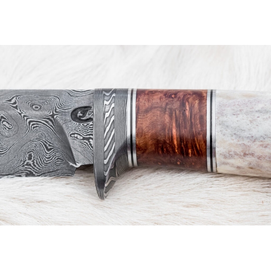 Damaszkuszi vadászkés 12 cm kőris/szarvas agancs