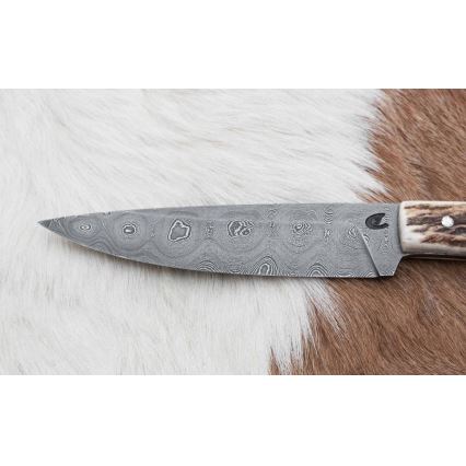 Damaszkuszi vadászkés mini fűrésszel 12 cm szarvas agancs