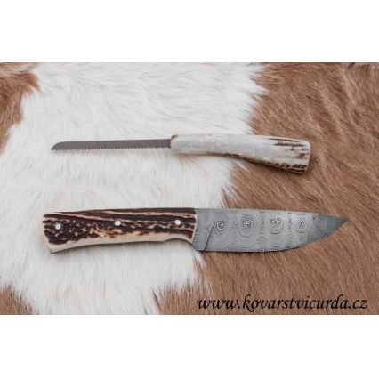 Damaszkuszi vadászkés minifűrésszel 11 cm szarvas agancs
