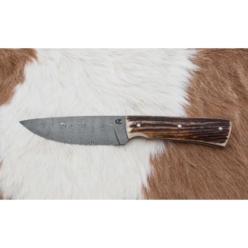 Damaszkuszi vadászkés minifűrésszel 11 cm szarvas agancs