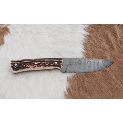 Damaszkuszi vadászkés minifűrésszel 11 cm szarvas agancs
