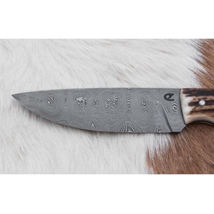 Damaszkuszi vadászkés minifűrésszel 11 cm szarvas agancs