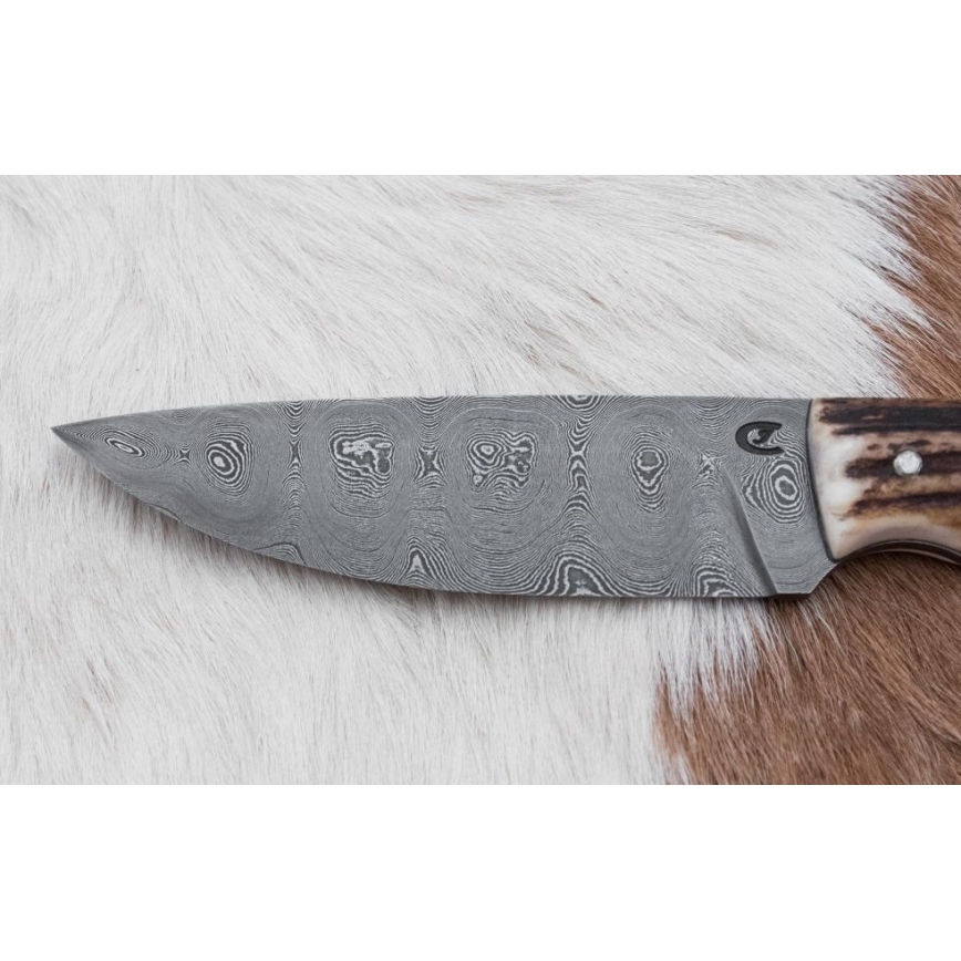 Damaszkuszi vadászkés minifűrésszel 11 cm szarvas agancs