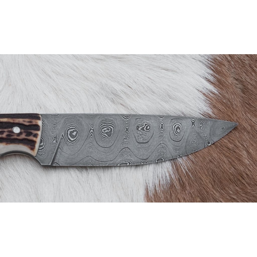 Damaszkuszi vadászkés minifűrésszel 11 cm szarvas agancs