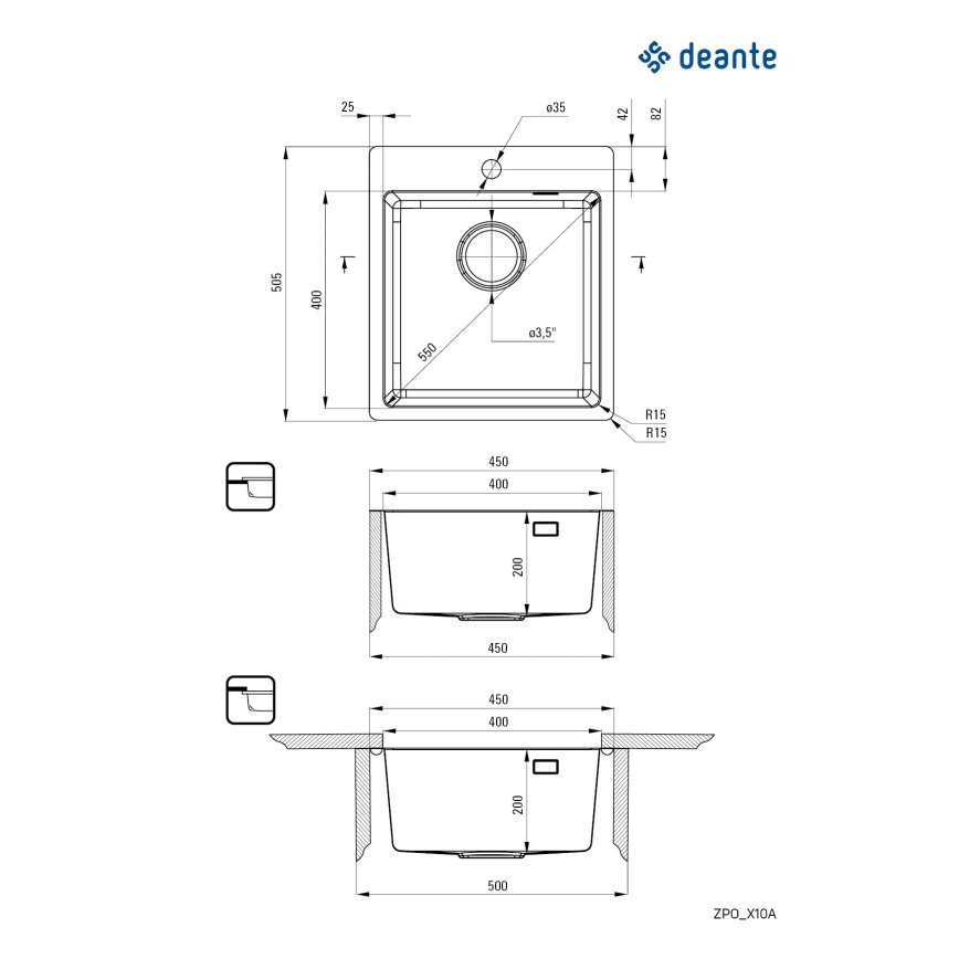 Deante ZPO_010A - Mosogató OLFATO 50,5x45 cm csiszolt acél