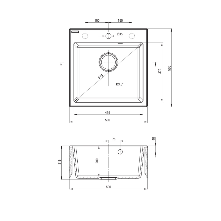 Deante ZQJNN103 - Mosogató EVORA 50x50 cm + mosdócsap rugalmas karral gránit/fekete