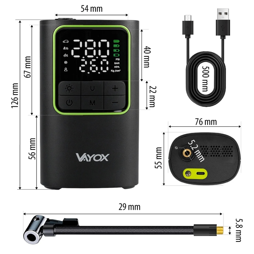 Digitális zsebméretű kompresszor, 5V 4000 mAh, fekete