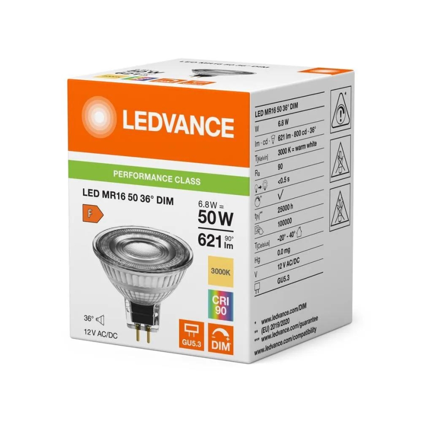 Dimmelhető LED-izzó MR16 GU5,3/6,8W/12V 3000K 36° CRI 90 - Ledvance