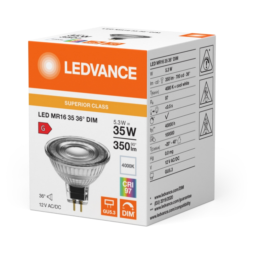LED Fényerőszabályozható reflektoros izzó MR16 GU5,3/5,3W/12V 4000K 36° CRI 97 - Ledvance