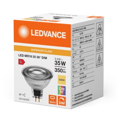 LED dimmelhető MR16 reflektoros izzó GU5,3/5,3W/12V 3000K 36° CRI 97 - Ledvance