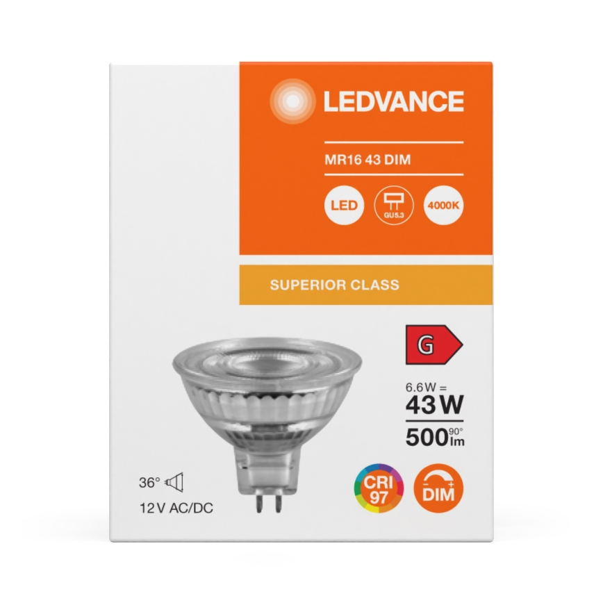 LED dimmelhető reflektoros izzó MR16 GU5,3/6,6W/12V 4000K 36° CRI 97 - Ledvance