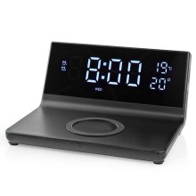 Ébresztőóra LCD kijelzővel és vezeték nélküli töltővel 15W/230V fekete