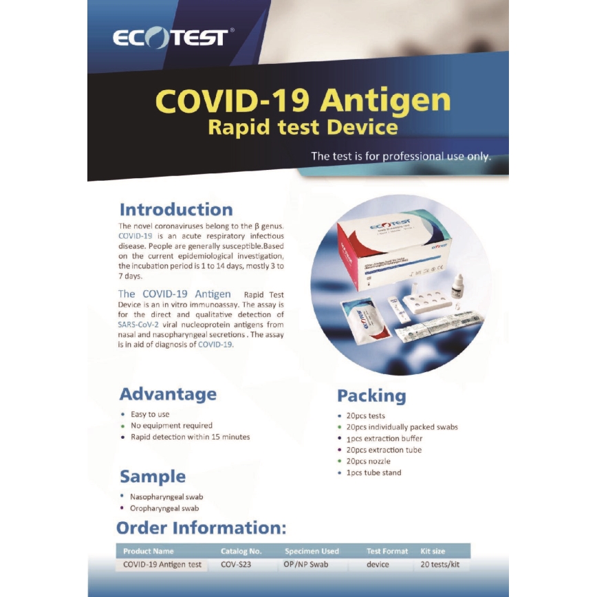 ECOTEST RAPID - Antigén gyorsteszt COVID-19, csomag 20 db